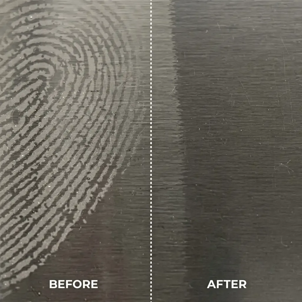 Split view of a dark hairline sheet: a large fingerprint on the uncoated left half, the AFP-coated right half clean