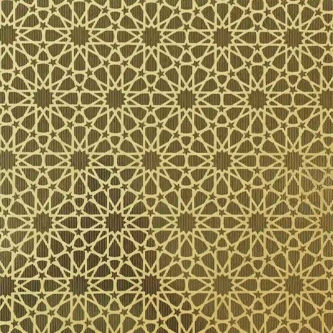 Gold PVD sheet with a fine Islamic star lattice etched over an embossed ground of vertical striations