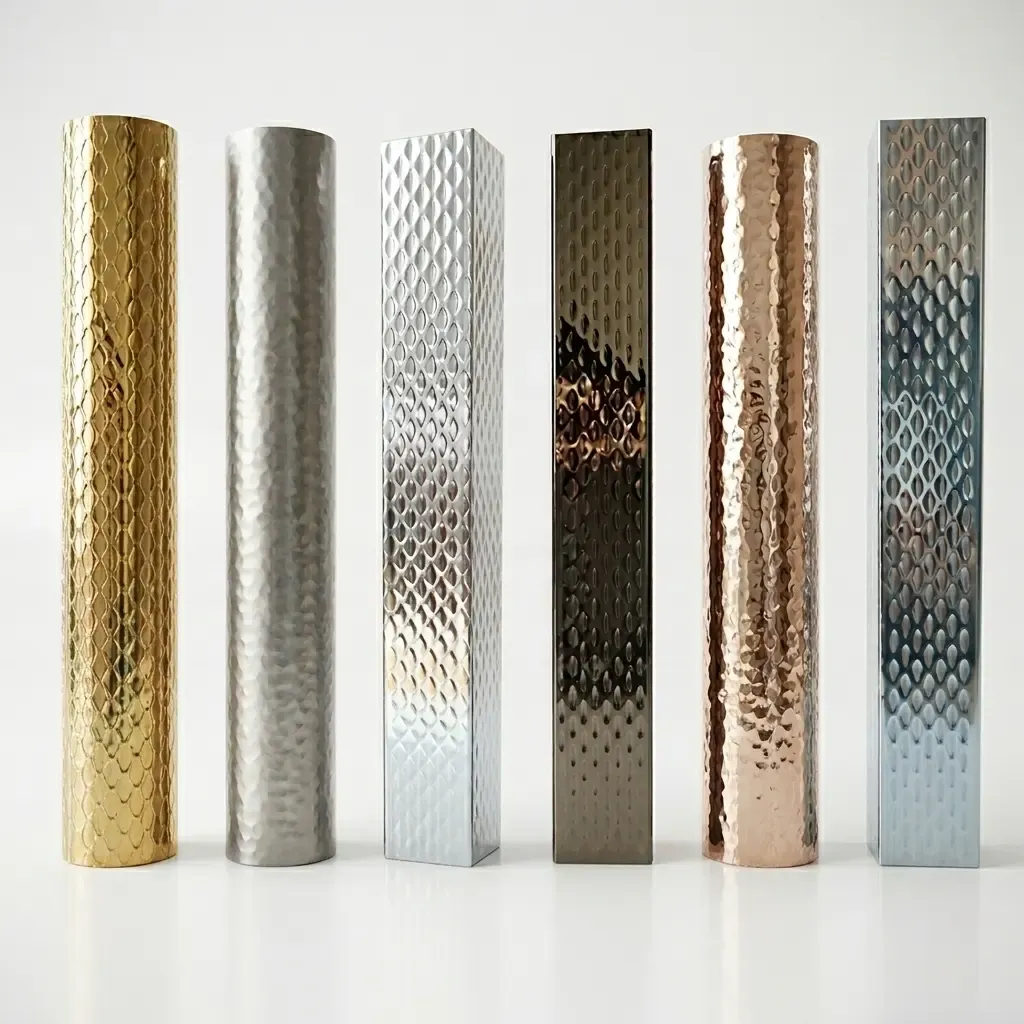 Six upright embossed stainless tubes on white: gold diamond round, silver hammered round, silver diamond square, dark bronze square, warm rose hammered round and silver square with oval emboss