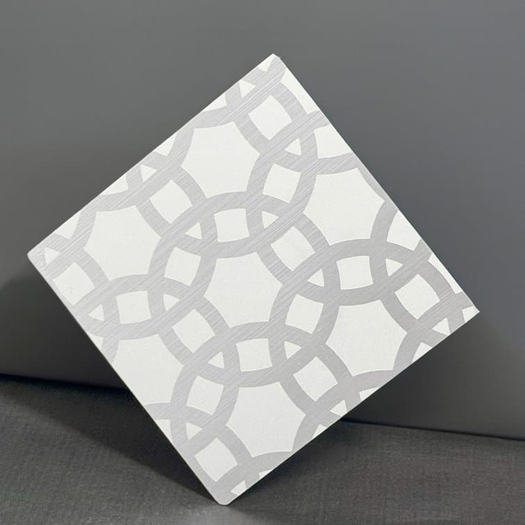 Etched interlocking-circle pattern on a stainless steel plate