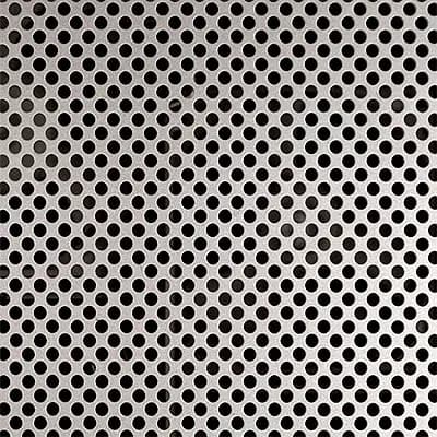 Close up of silver stainless steel sheet with staggered rows of round punched holes
