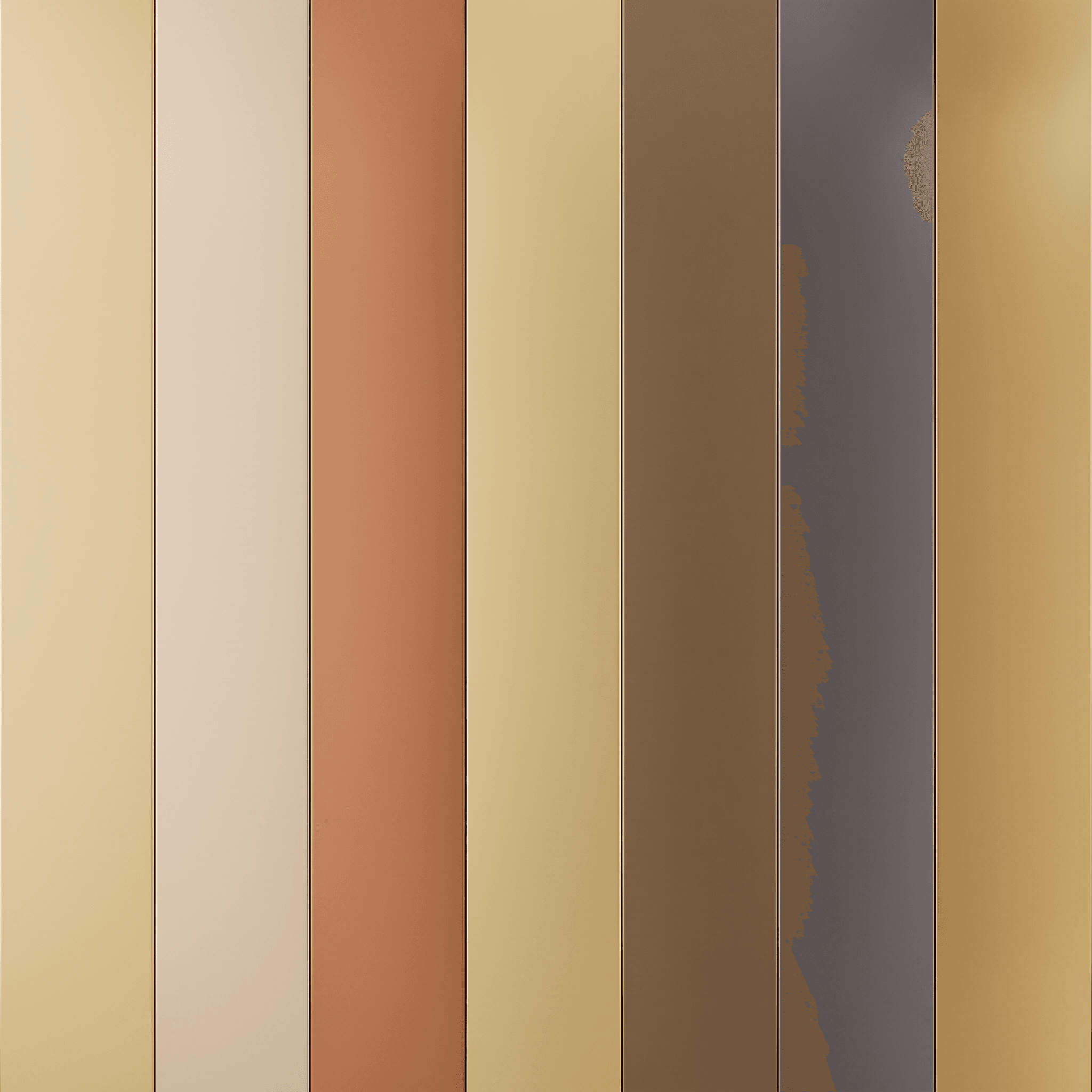 Seven vertical PVD colour panels side by side: champagne, rose, copper, gold, bronze, black and gold