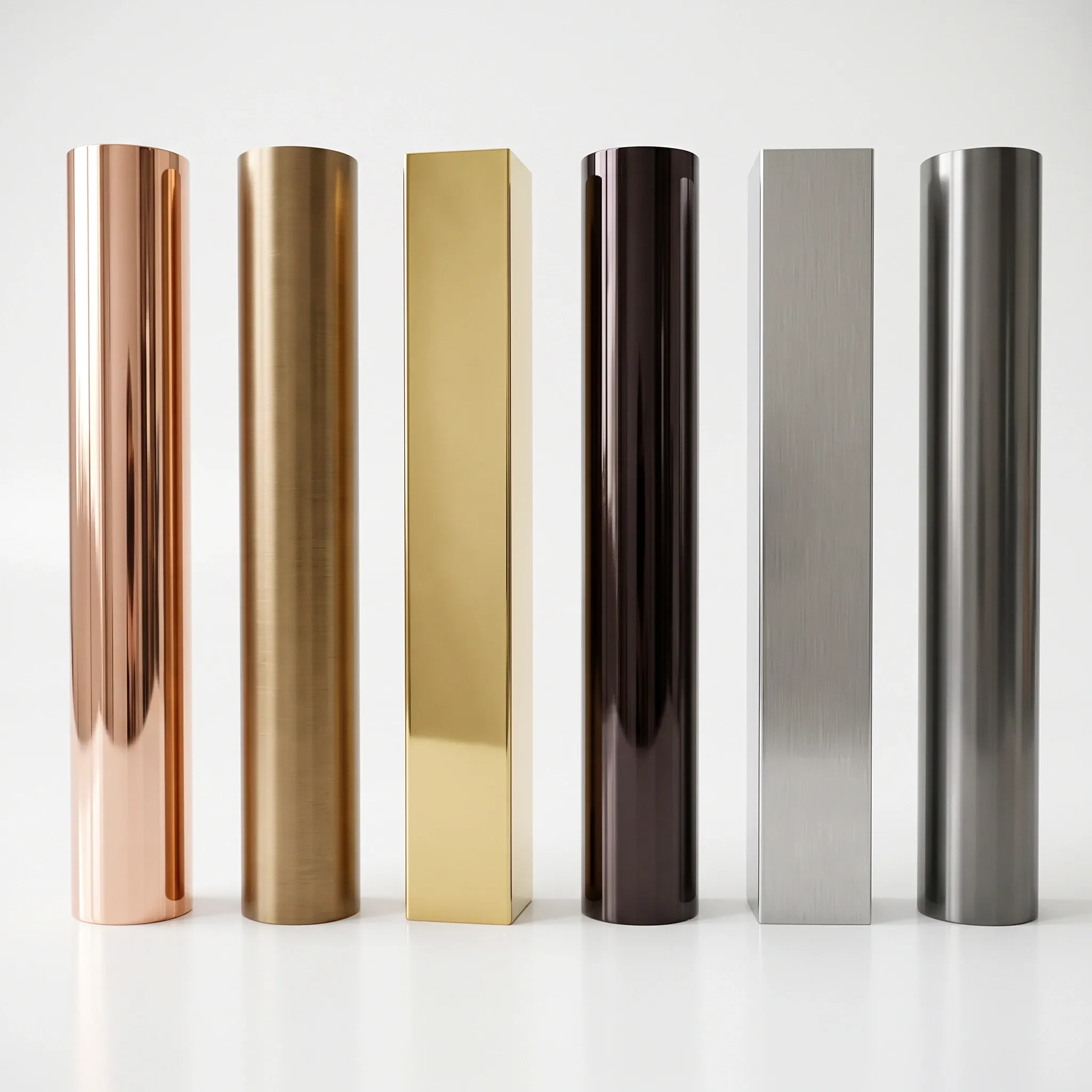 Six PVD tube offcuts on white: copper mirror, bronze brush, gold brush, black mirror, grey brush and grey mirror