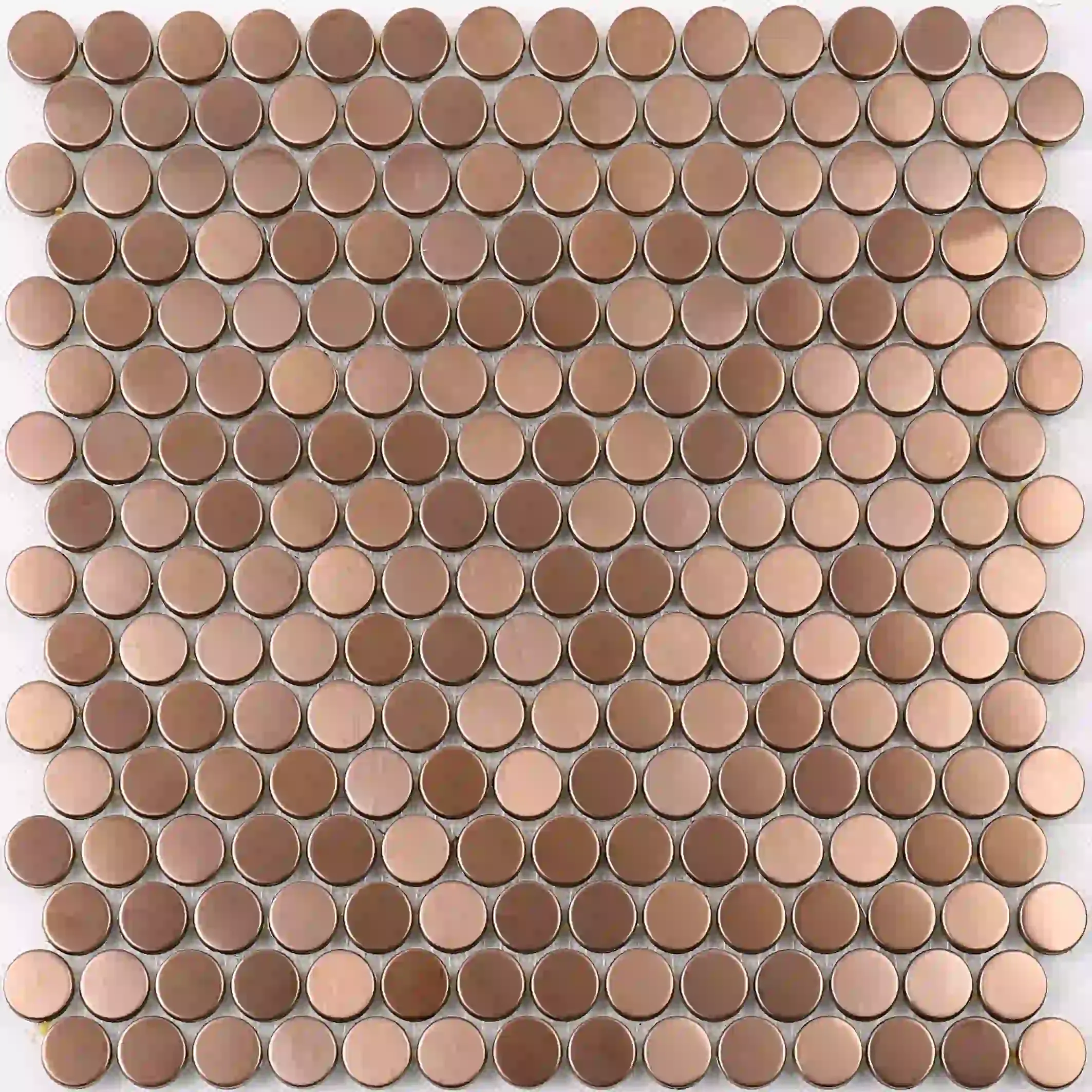 Sa07 mosaic: rose gold copper penny-round stainless discs in offset rows, brushed satin surface