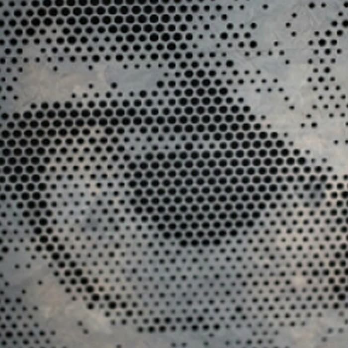 Obraz Perfora: perforated metal panel rendering a human eye in graded halftone holes
